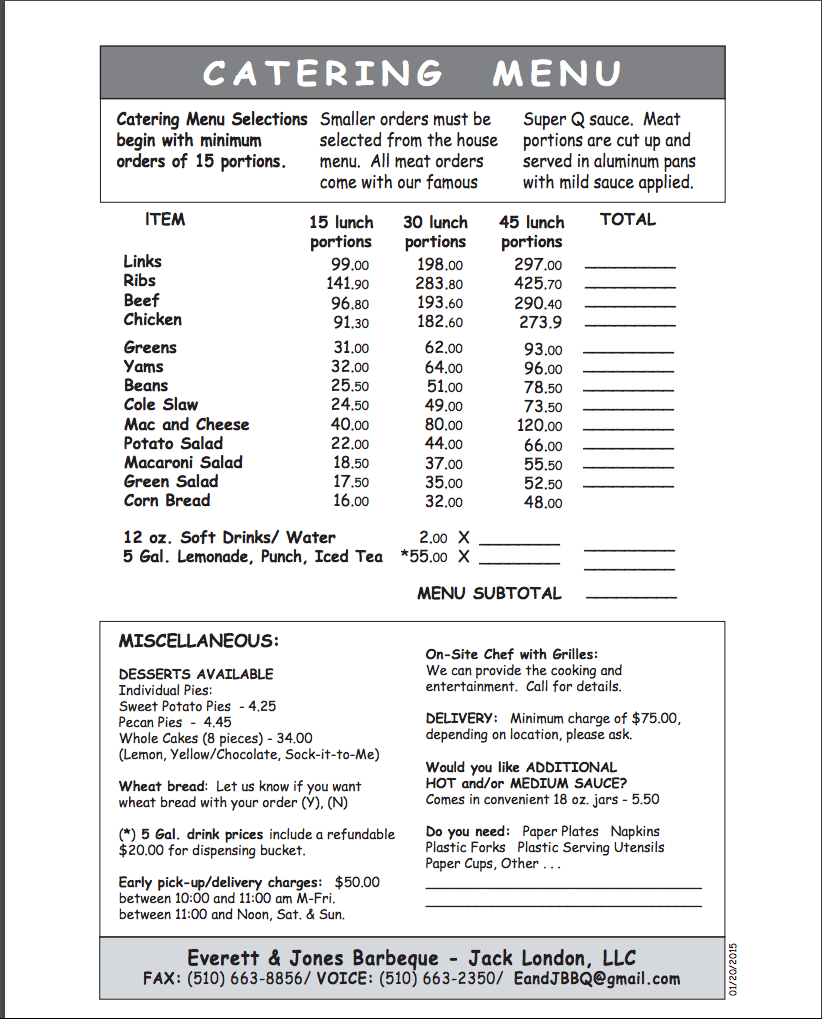 Everett and Jones Catering Menu