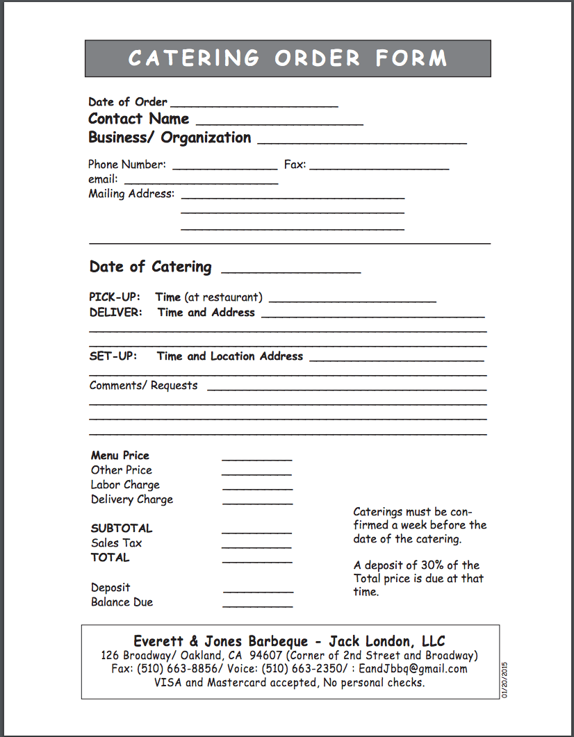 Everett and Jones Catering Order Form